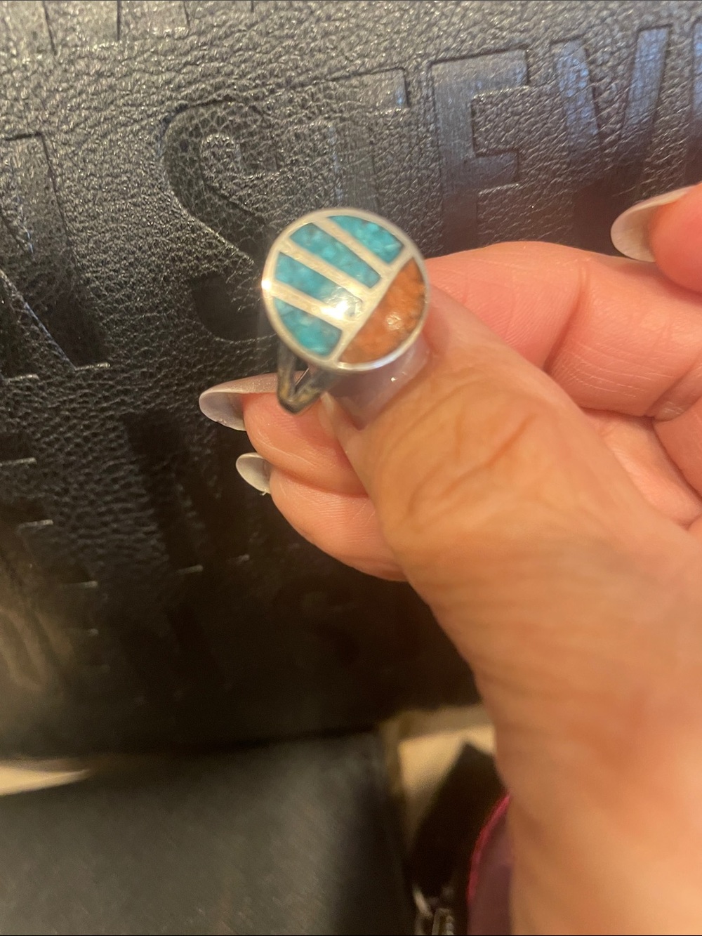 925 Silver Turquoise & Coral Inlay Round Ring - Blue & Orange